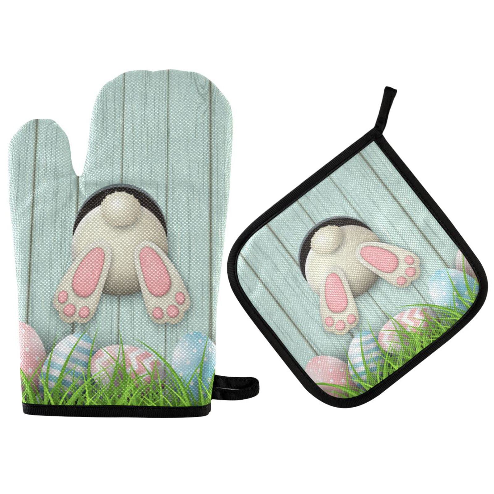 Cute Bunny Easter Egg Oven Mitts and Pot Holders, Funny Spring Hot Pads & Gloves Oven Mitts Potholders Mittens for Kitchen Cooking BBQ Baking Bakeware