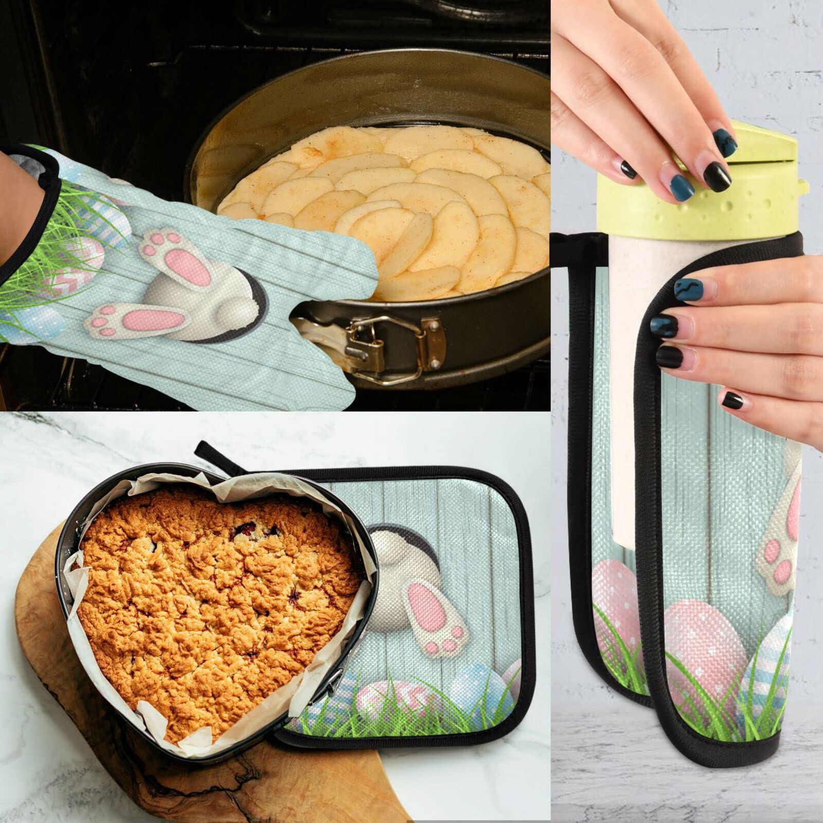 Cute Bunny Easter Egg Oven Mitts and Pot Holders, Funny Spring Hot Pads & Gloves Oven Mitts Potholders Mittens for Kitchen Cooking BBQ Baking Bakeware