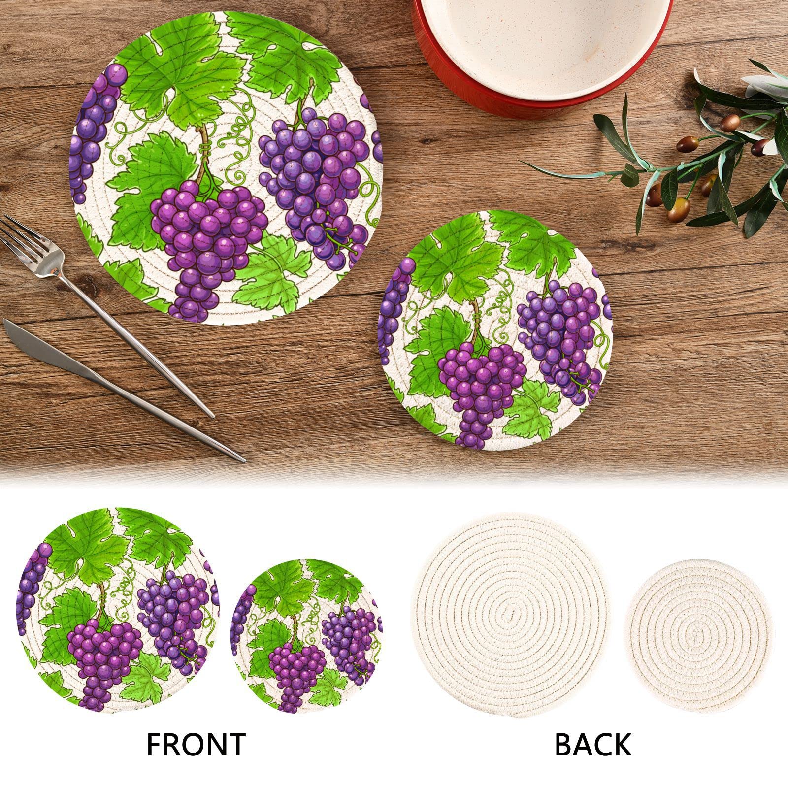 Beautiful Grapes Pot Holders Set Trivet Grape Leaf Purple Hot Pads Potholder Cotton for Kitchen Weave Pot Mat Cooking Baking Decor Home