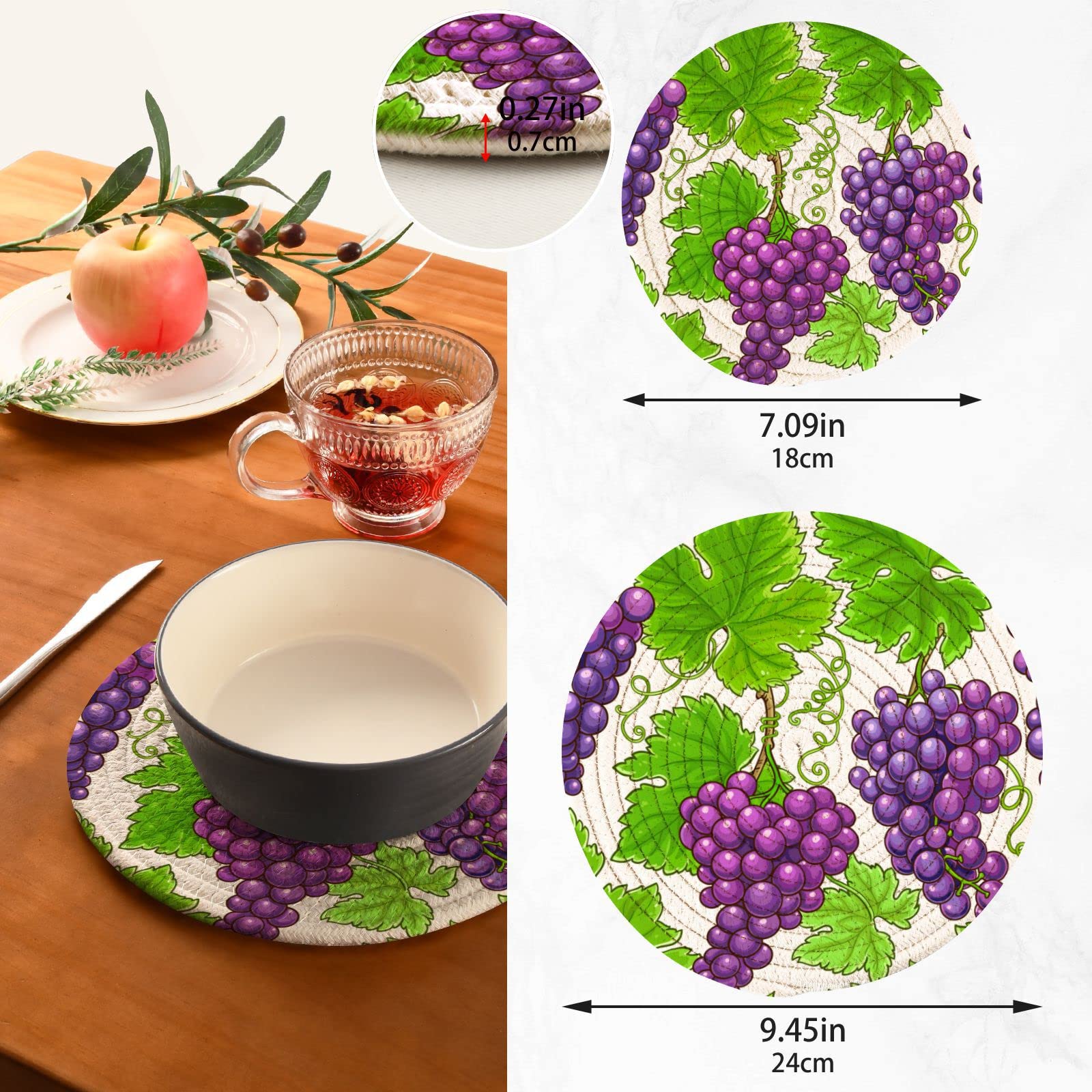 Beautiful Grapes Pot Holders Set Trivet Grape Leaf Purple Hot Pads Potholder Cotton for Kitchen Weave Pot Mat Cooking Baking Decor Home