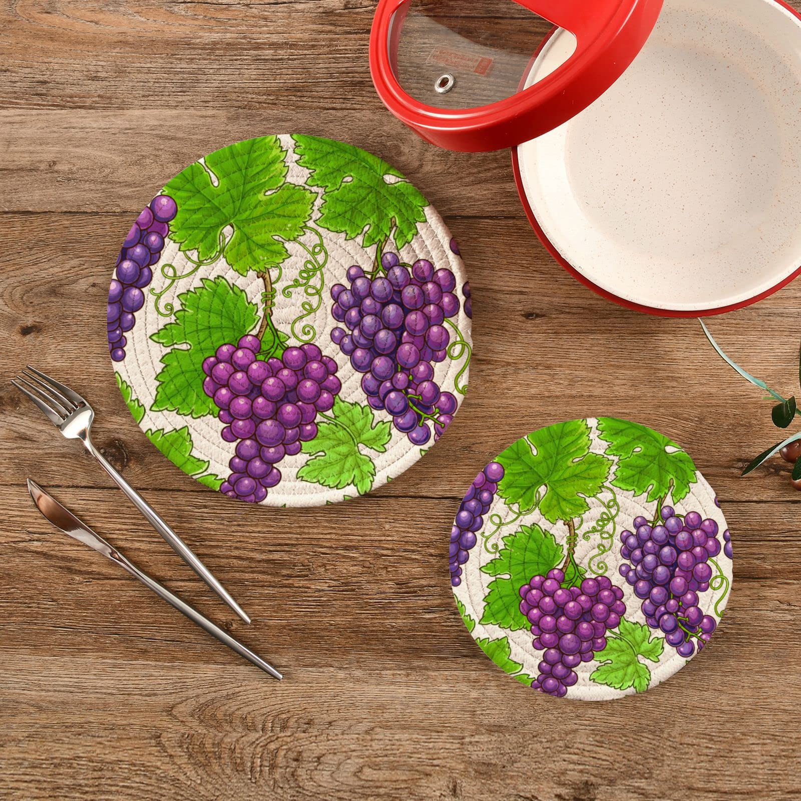 Beautiful Grapes Pot Holders Set Trivet Grape Leaf Purple Hot Pads Potholder Cotton for Kitchen Weave Pot Mat Cooking Baking Decor Home