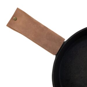 envoy leather skillet handle cover | rustic handle cover for cast iron with minimalist design for easy insertion and removal | leather potholder cover | made in the usa | chocolate