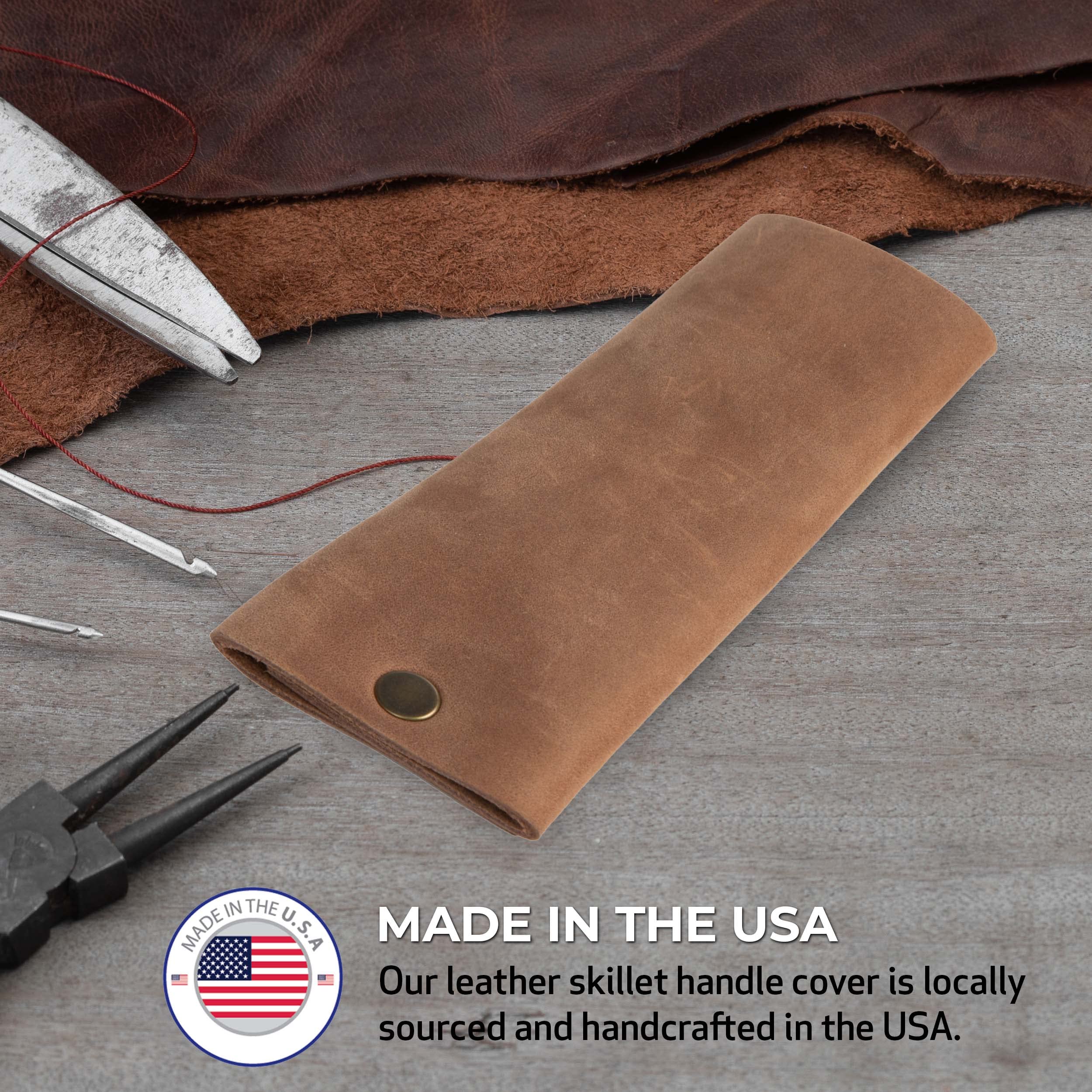 Envoy Leather Skillet Handle Cover | Rustic Handle Cover for Cast Iron with Minimalist Design for Easy Insertion and Removal | Leather Potholder Cover | Made in The USA | Chocolate