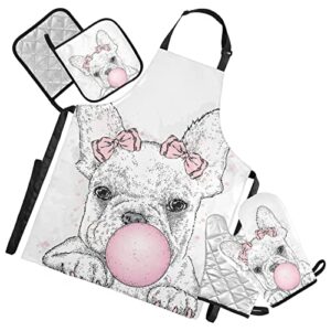 cute french bulldog puppy with pink gum cooking apron heat insulated microwave oven mitts with pot holder pad kitchen decor 5pcs set oven gloves protectors mat for grilling baking