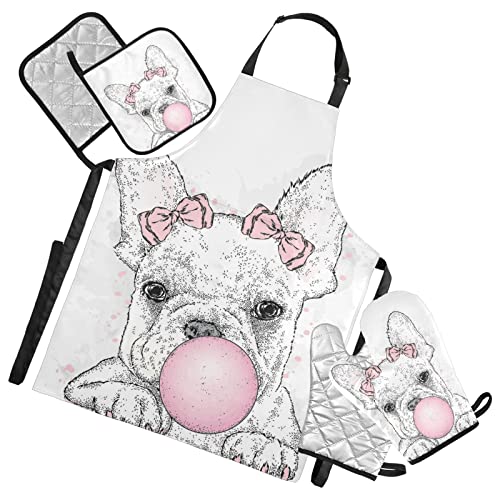 Cute French Bulldog Puppy with Pink Gum Cooking Apron Heat Insulated Microwave Oven Mitts with Pot Holder Pad Kitchen Decor 5Pcs Set Oven Gloves Protectors Mat for Grilling Baking