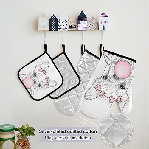 Cute French Bulldog Puppy with Pink Gum Cooking Apron Heat Insulated Microwave Oven Mitts with Pot Holder Pad Kitchen Decor 5Pcs Set Oven Gloves Protectors Mat for Grilling Baking