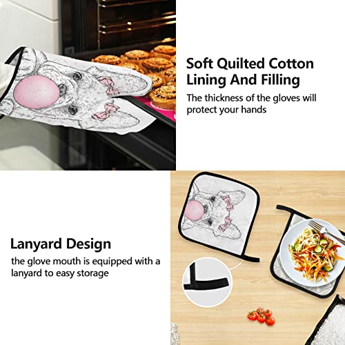 Cute French Bulldog Puppy with Pink Gum Cooking Apron Heat Insulated Microwave Oven Mitts with Pot Holder Pad Kitchen Decor 5Pcs Set Oven Gloves Protectors Mat for Grilling Baking