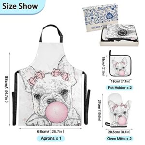 Cute French Bulldog Puppy with Pink Gum Cooking Apron Heat Insulated Microwave Oven Mitts with Pot Holder Pad Kitchen Decor 5Pcs Set Oven Gloves Protectors Mat for Grilling Baking