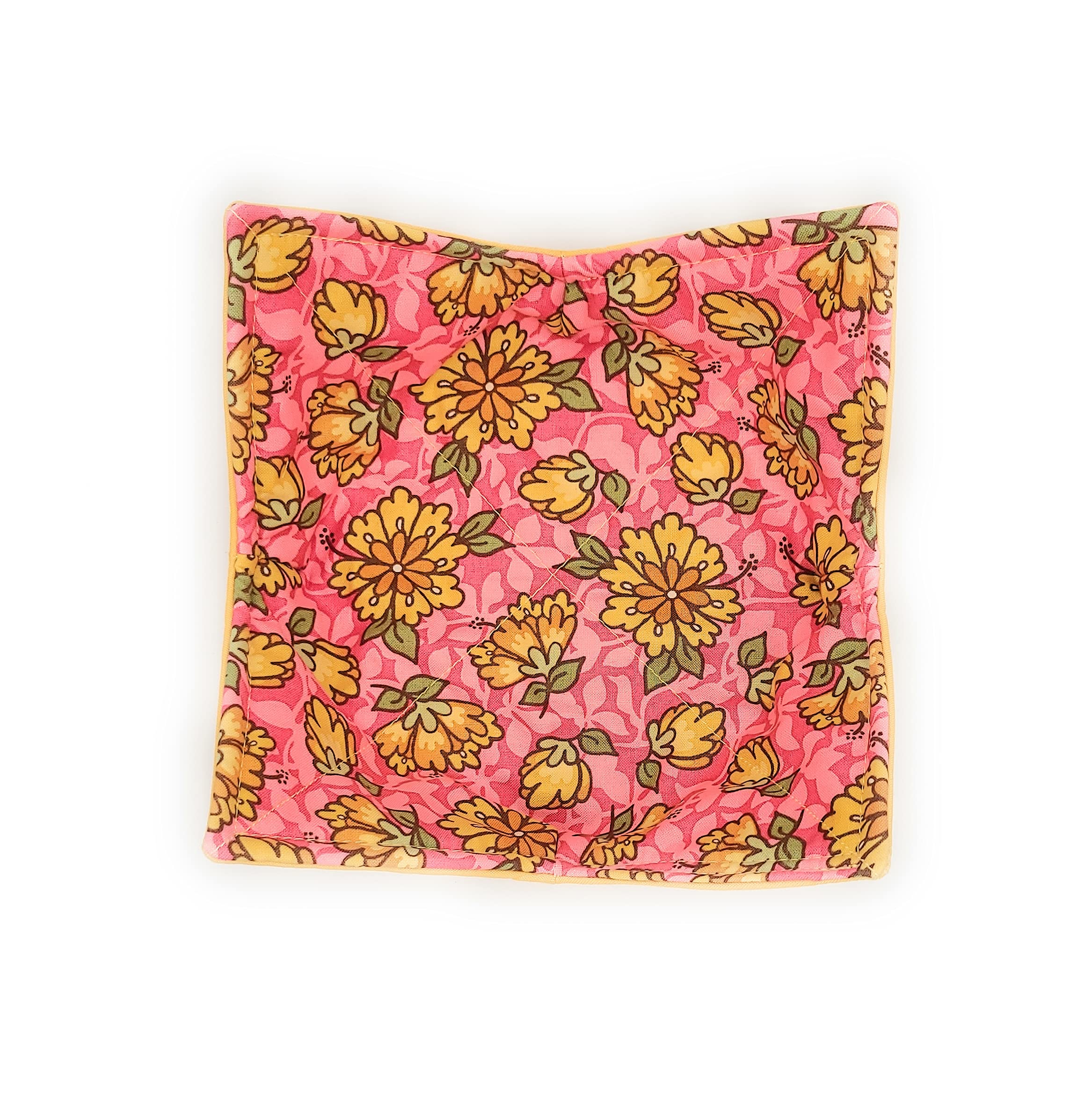 Yellow Flowers on Pink Microwave Cozy Yellow Dahlia Reversible Soup Bowl Buddy Microwaveable Potholder Floral Handmade Housewarming Hostess Mothers Day Gifts Under 10