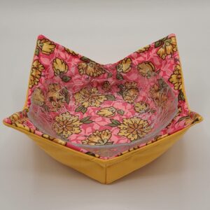 Yellow Flowers on Pink Microwave Cozy Yellow Dahlia Reversible Soup Bowl Buddy Microwaveable Potholder Floral Handmade Housewarming Hostess Mothers Day Gifts Under 10