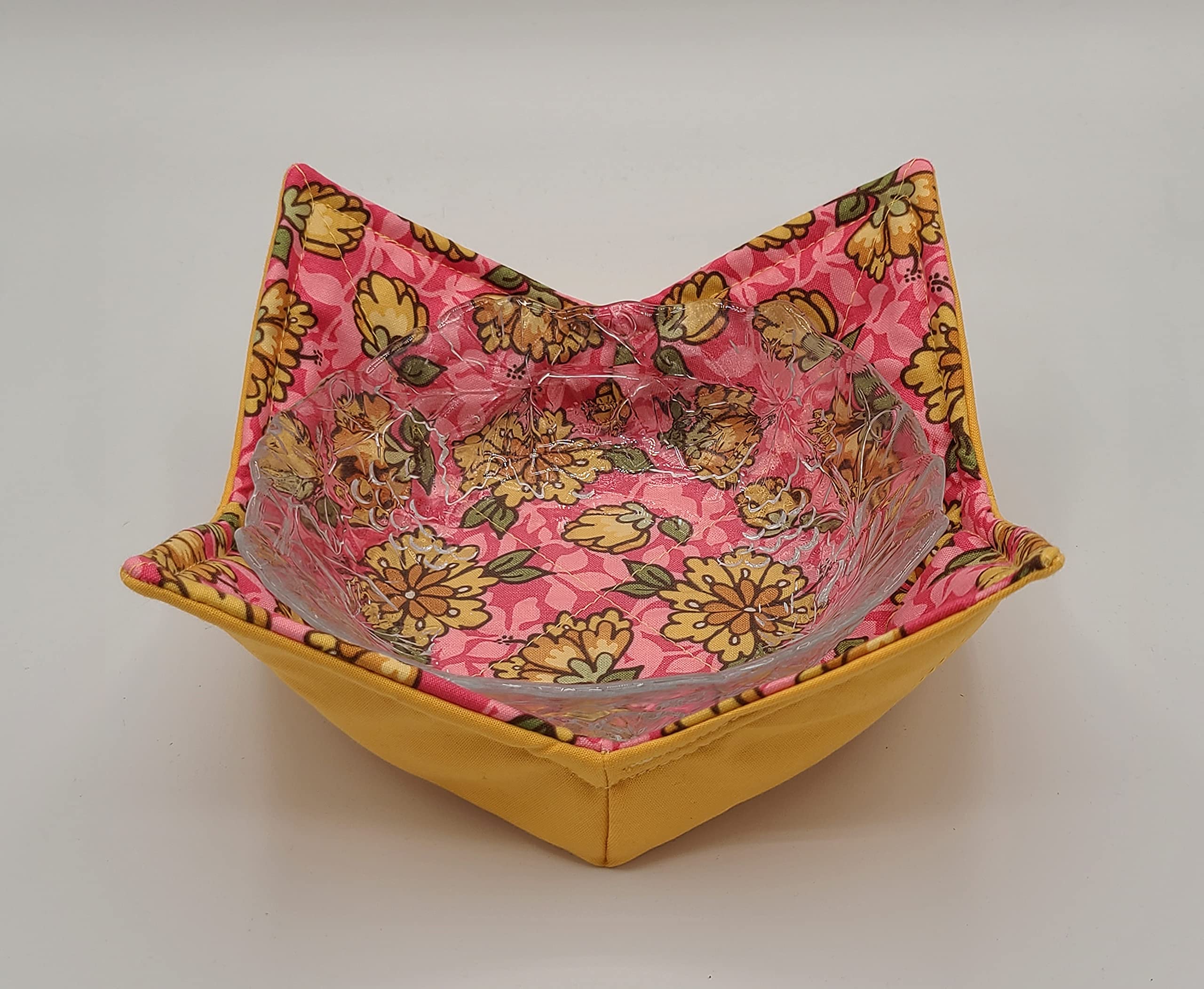 Yellow Flowers on Pink Microwave Cozy Yellow Dahlia Reversible Soup Bowl Buddy Microwaveable Potholder Floral Handmade Housewarming Hostess Mothers Day Gifts Under 10