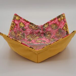 Yellow Flowers on Pink Microwave Cozy Yellow Dahlia Reversible Soup Bowl Buddy Microwaveable Potholder Floral Handmade Housewarming Hostess Mothers Day Gifts Under 10