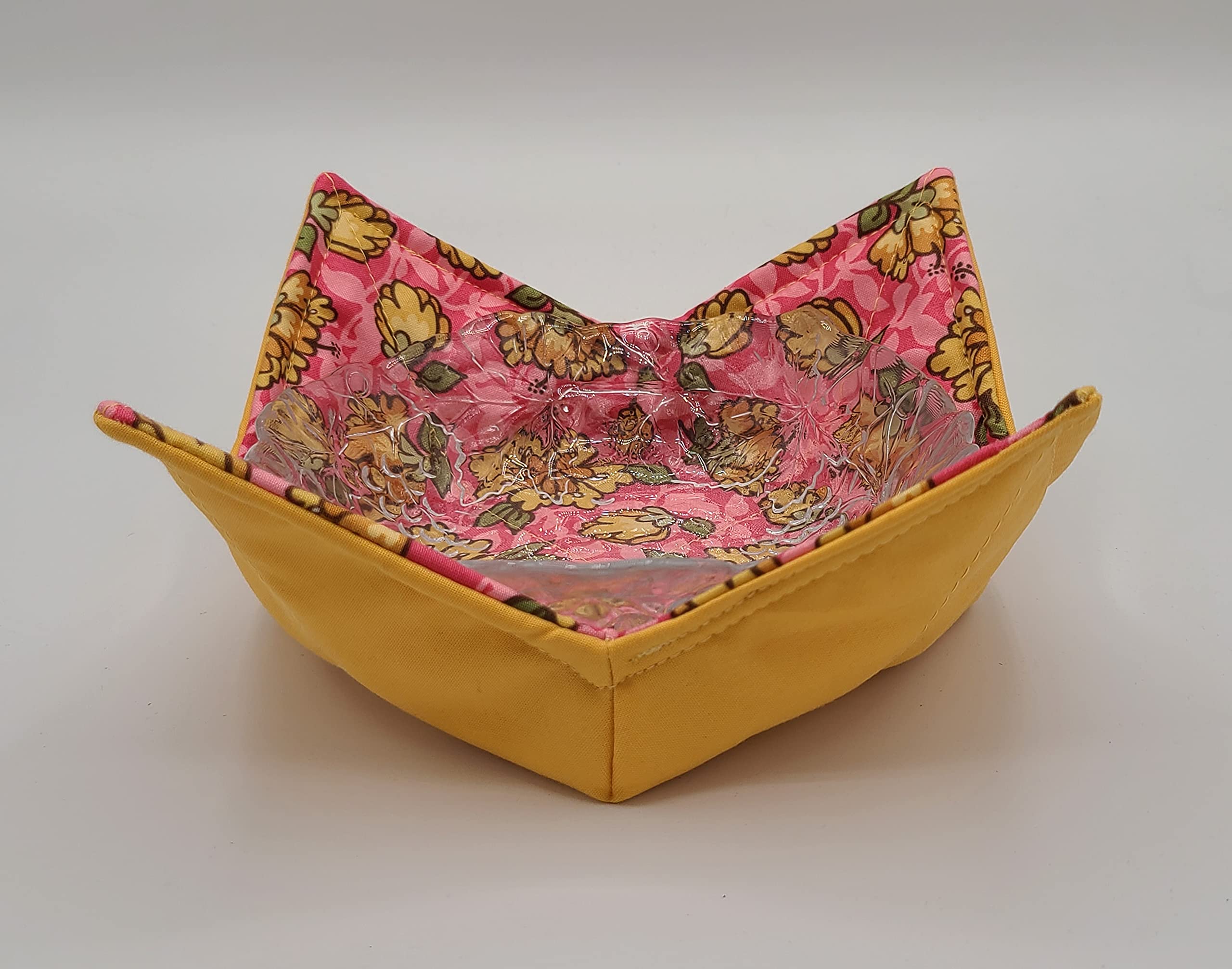 Yellow Flowers on Pink Microwave Cozy Yellow Dahlia Reversible Soup Bowl Buddy Microwaveable Potholder Floral Handmade Housewarming Hostess Mothers Day Gifts Under 10