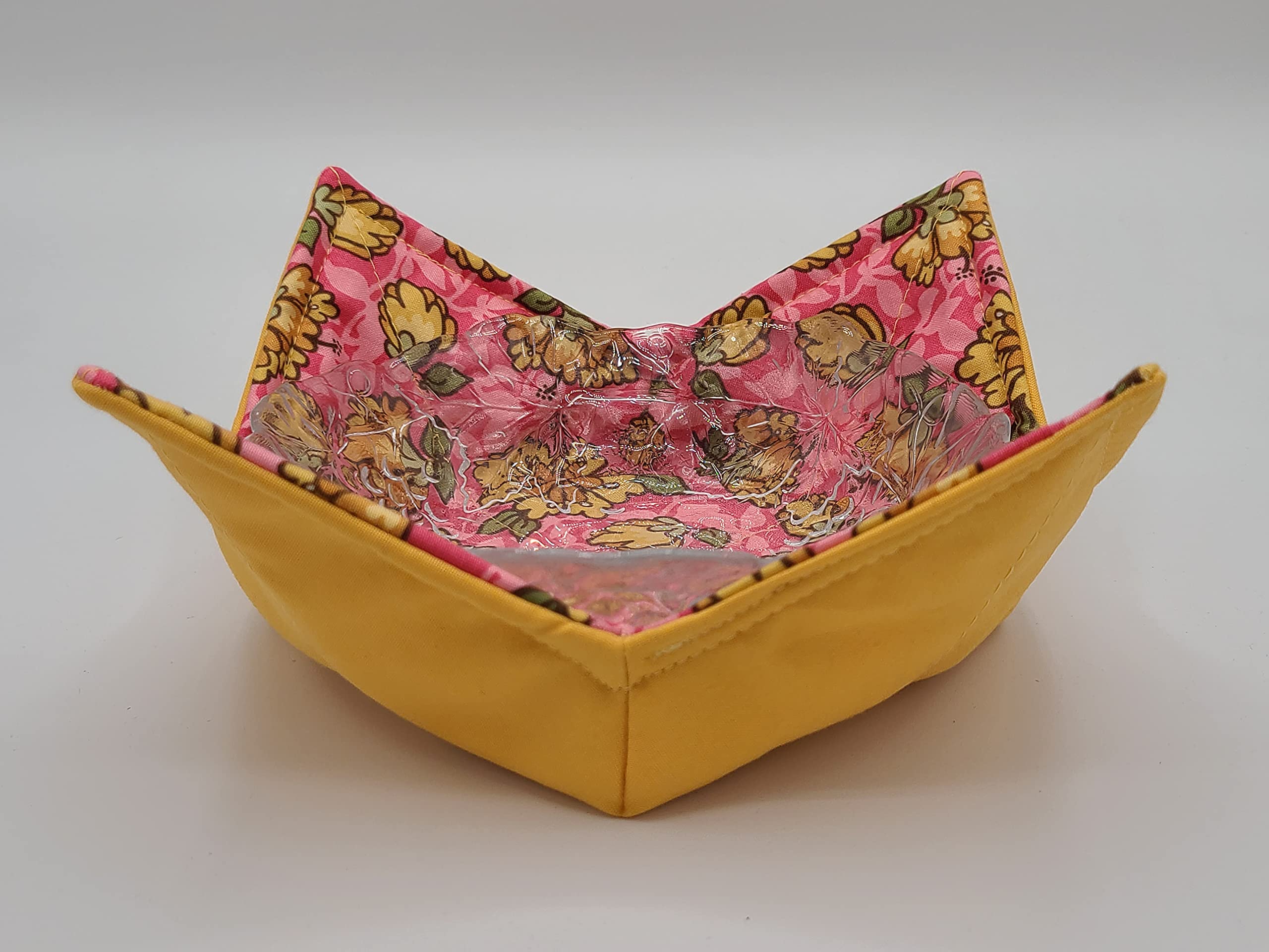 Yellow Flowers on Pink Microwave Cozy Yellow Dahlia Reversible Soup Bowl Buddy Microwaveable Potholder Floral Handmade Housewarming Hostess Mothers Day Gifts Under 10