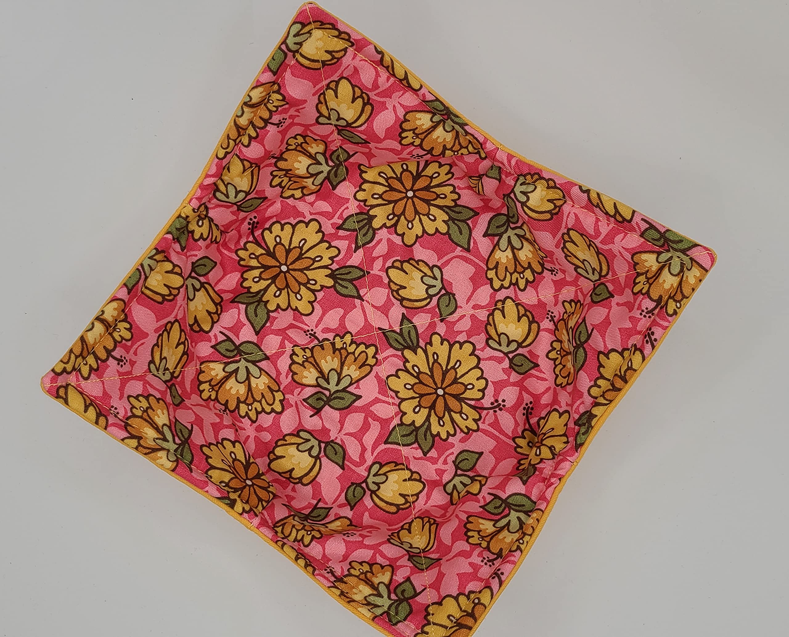 Yellow Flowers on Pink Microwave Cozy Yellow Dahlia Reversible Soup Bowl Buddy Microwaveable Potholder Floral Handmade Housewarming Hostess Mothers Day Gifts Under 10