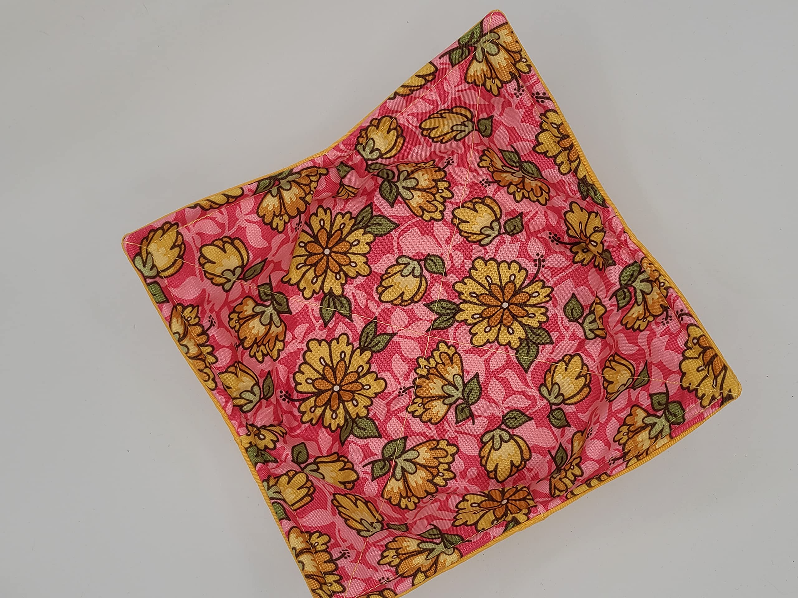 Yellow Flowers on Pink Microwave Cozy Yellow Dahlia Reversible Soup Bowl Buddy Microwaveable Potholder Floral Handmade Housewarming Hostess Mothers Day Gifts Under 10