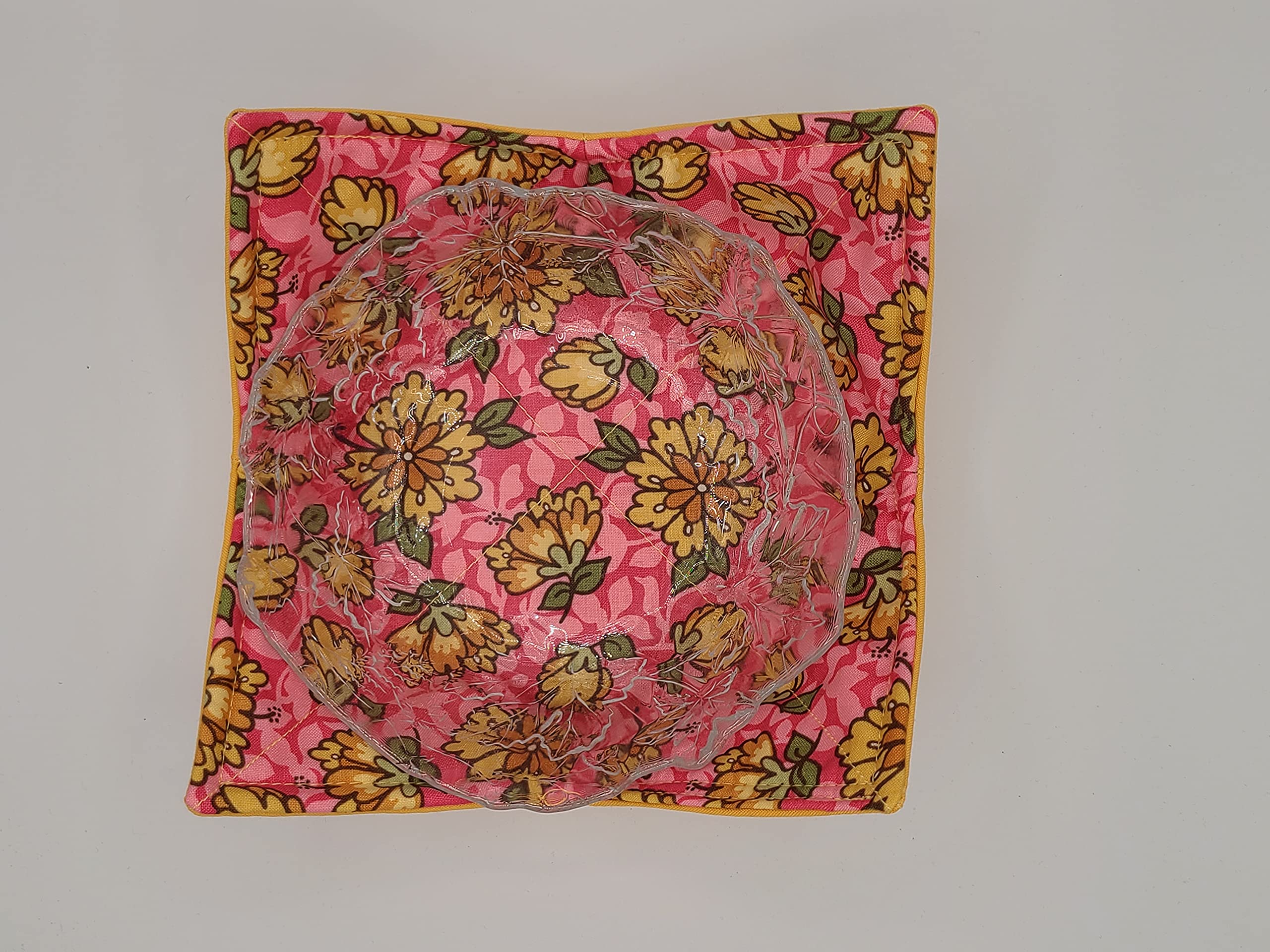 Yellow Flowers on Pink Microwave Cozy Yellow Dahlia Reversible Soup Bowl Buddy Microwaveable Potholder Floral Handmade Housewarming Hostess Mothers Day Gifts Under 10