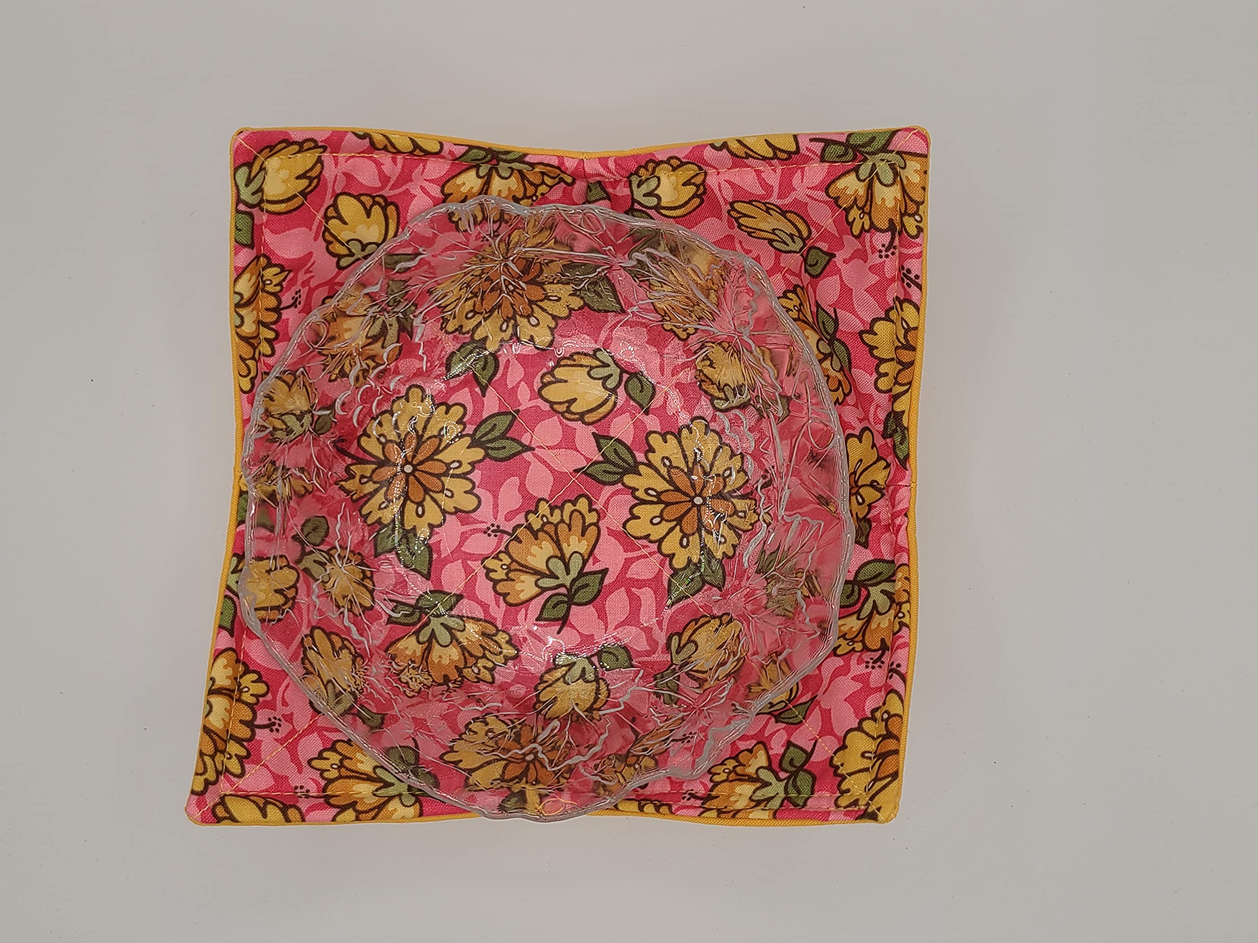 Yellow Flowers on Pink Microwave Cozy Yellow Dahlia Reversible Soup Bowl Buddy Microwaveable Potholder Floral Handmade Housewarming Hostess Mothers Day Gifts Under 10