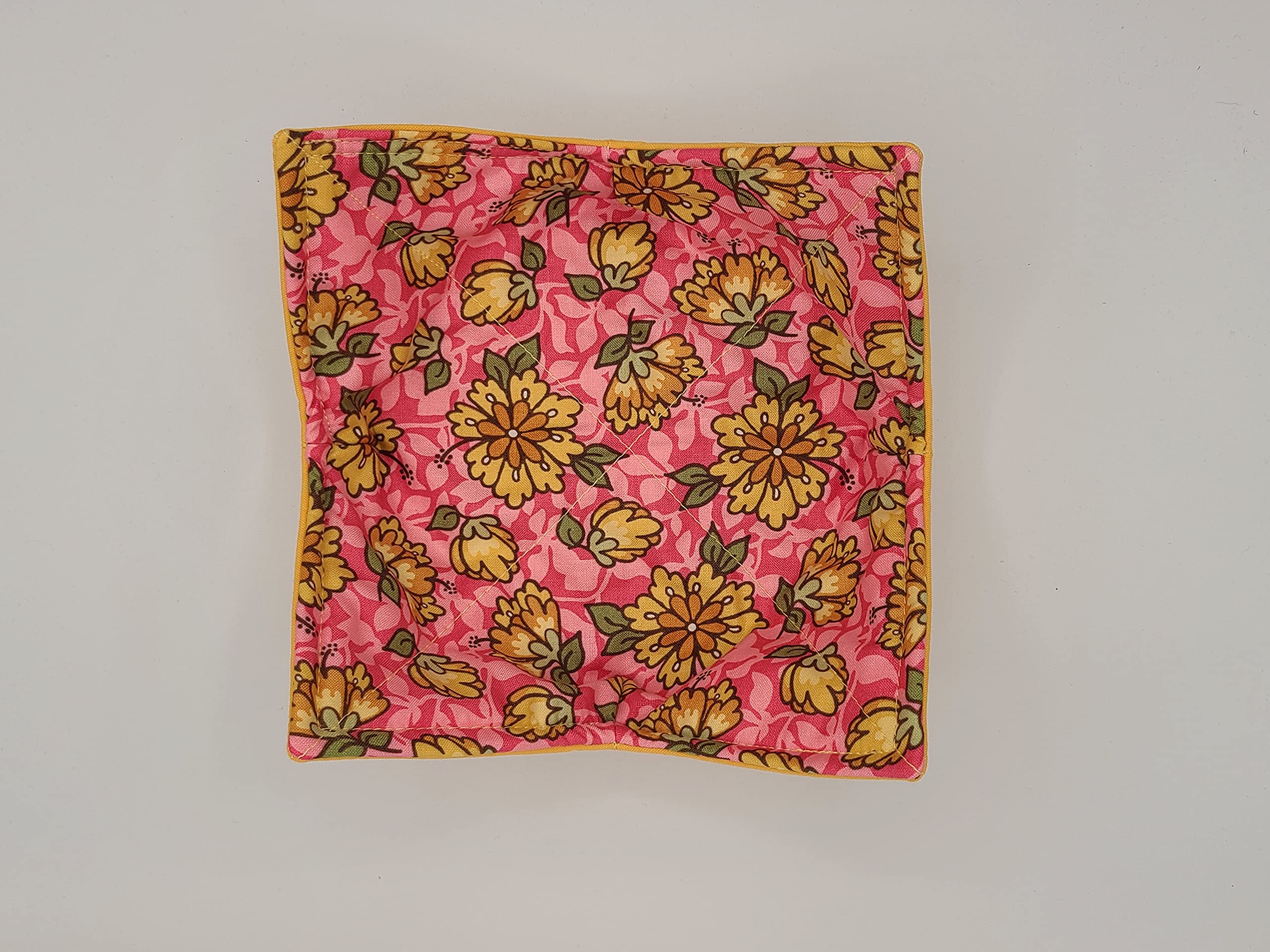 Yellow Flowers on Pink Microwave Cozy Yellow Dahlia Reversible Soup Bowl Buddy Microwaveable Potholder Floral Handmade Housewarming Hostess Mothers Day Gifts Under 10