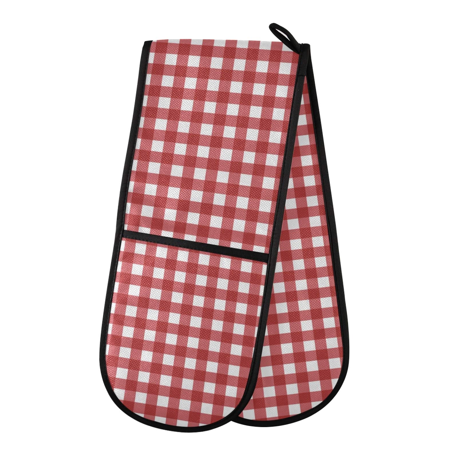 KLL Double Oven Mitts Red Checkboard Heat Resistant Gloves Potholders Perfect Set for Cooking Baking Handling Hot Pots and Pans,35" x 7"