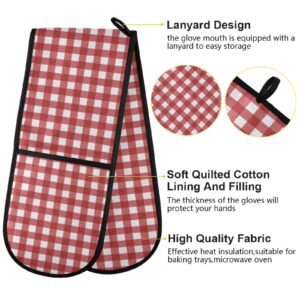 KLL Double Oven Mitts Red Checkboard Heat Resistant Gloves Potholders Perfect Set for Cooking Baking Handling Hot Pots and Pans,35" x 7"