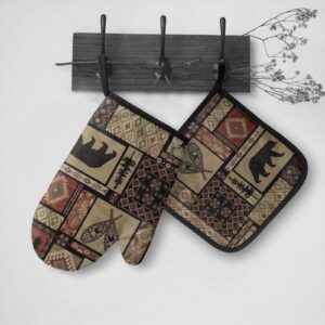 Rustic Lodge Bear Moose Oven Mitts and Pot Holders Set Kitchen Gift Set for Kitchen Cooking Baking, BBQ