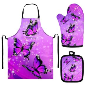 babrukda 3pcs purple bling butterfly pot holders oven mitts bib apron set anti-slip heat resistant oven gloves potholder waterproof apron decor protective kitchen accessiores gift for girls women mom