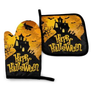 Halloween Funny Oven Mitts and Pot Holders Sets Heat Resistant Oven Gloves with Non-Slip Surface for Reusable for Baking BBQ Cooking