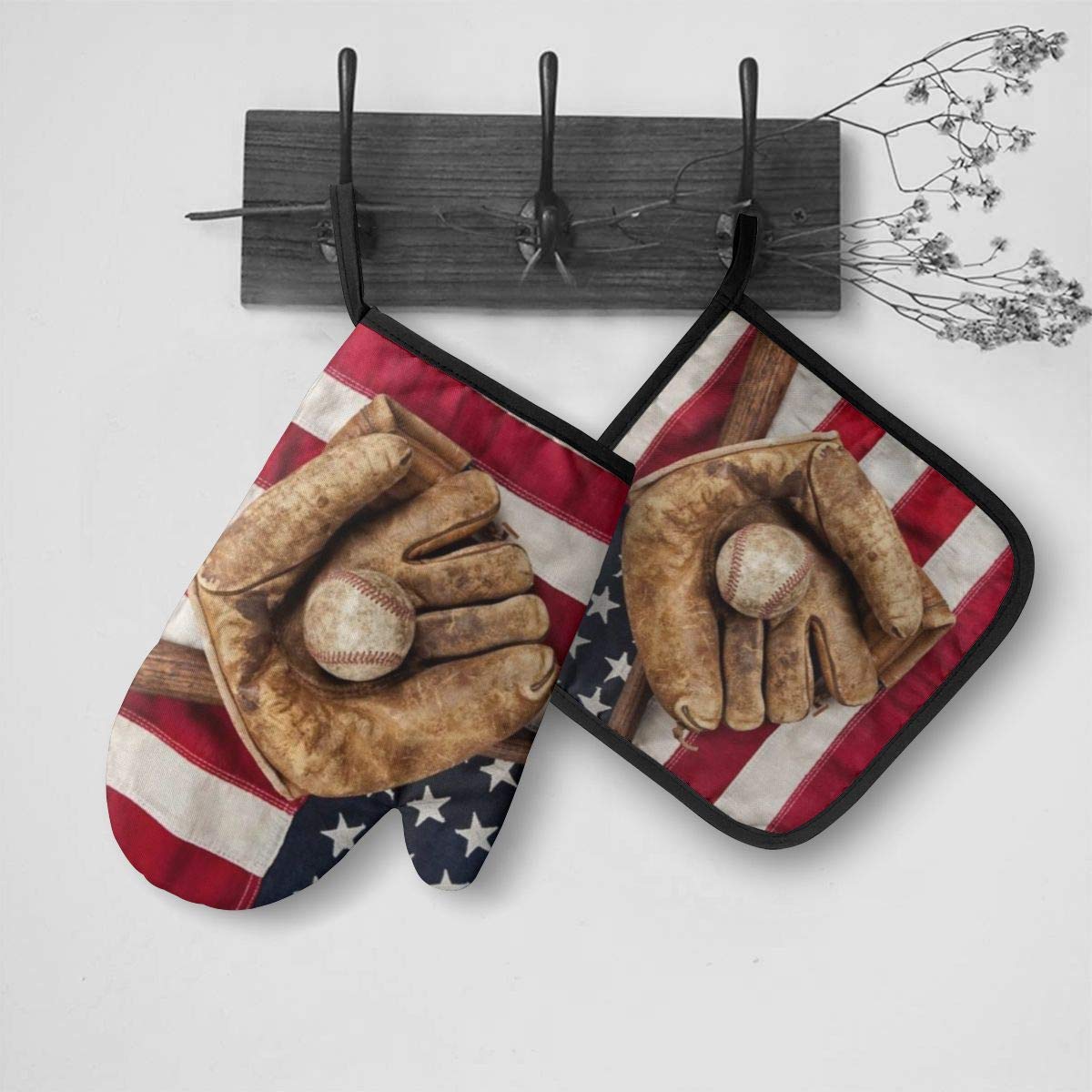 Vintage Baseball with USA American Flag Oven Mitts and Pot Holders Sets Heat Resistant Kitchen Oven Gloves Mats for Holiday Cooking Baking BBQ