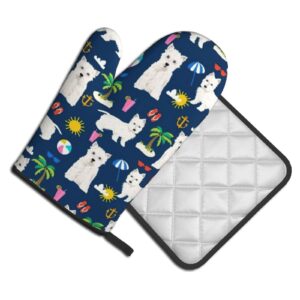 Westie Dog Oven Mitts and Pot Holders Sets Heat Resistant Kitchen Microwave Gloves for Baking Cooking Grilling BBQ