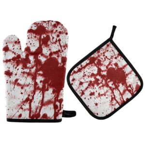 red bloody blood splashes on white background oven mitts pot holders sets, heat resistant kitchen oven gloves, potholder hot pads for cooking baking microwave grill