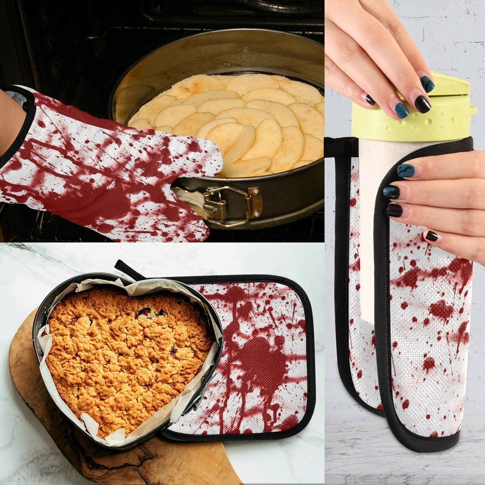 Red Bloody Blood Splashes on White Background Oven Mitts Pot Holders Sets, Heat Resistant Kitchen Oven Gloves, Potholder Hot Pads for Cooking Baking Microwave Grill