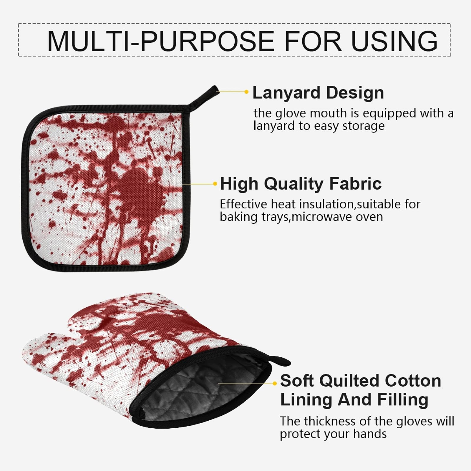 Red Bloody Blood Splashes on White Background Oven Mitts Pot Holders Sets, Heat Resistant Kitchen Oven Gloves, Potholder Hot Pads for Cooking Baking Microwave Grill