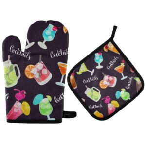 drinks and cocktails drawn kitchen oven mitts pot holders sets heat resistant machine washable bbq gloves for cooking baking grilling