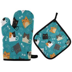 oven mitt pot holder set colorful cute cat fishbone pattern heat resistant quilted oven glove kitchen hot pad for cooking grilling christmas machine washable