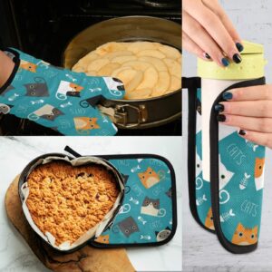 Oven Mitt Pot Holder Set Colorful Cute Cat Fishbone Pattern Heat Resistant Quilted Oven Glove Kitchen Hot Pad for Cooking Grilling Christmas Machine Washable