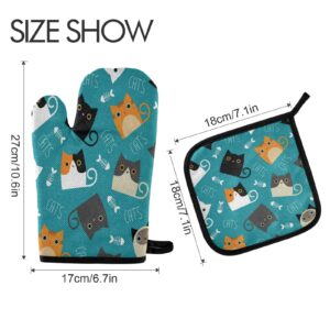 Oven Mitt Pot Holder Set Colorful Cute Cat Fishbone Pattern Heat Resistant Quilted Oven Glove Kitchen Hot Pad for Cooking Grilling Christmas Machine Washable