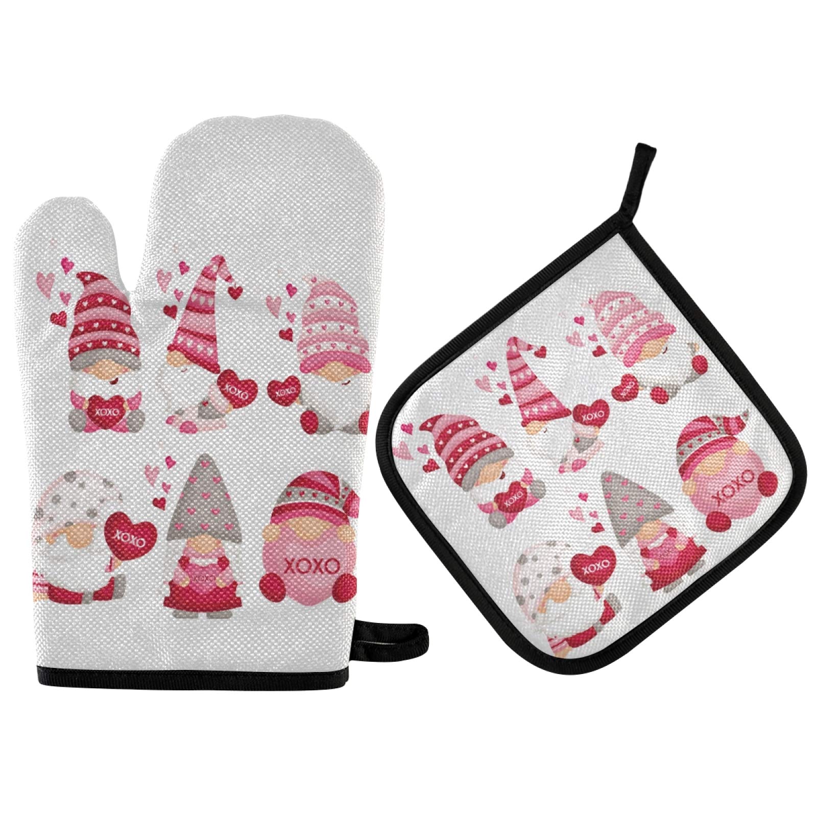 Valentines Gnomes Pink Oven Mitts & Pot Holders 2pcs Cute Kitchen Heat Resistant Non-Slip Love Heart Potholders Set for Cooking Baking BBQ