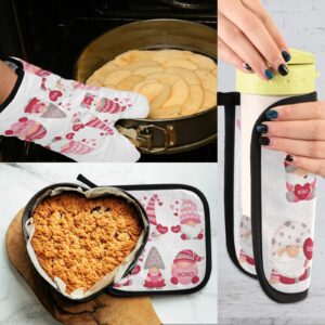 Valentines Gnomes Pink Oven Mitts & Pot Holders 2pcs Cute Kitchen Heat Resistant Non-Slip Love Heart Potholders Set for Cooking Baking BBQ