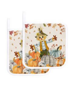 fall scarecrow 2 pcs pot holders for kitchens counter, autumn thanksgiving pumpkin maple burlap heat insulated podholders oven hot pads for cooking bbq baking heat proof mat
