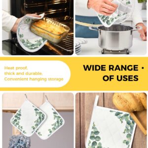 2Pack Pot Holders Cotton Heat Resistant Oven Hot Pads, Plant Potholder Machine Washable Cloth Potholders for Daily Kitchen Baking and Cooking with Hanging Loops - Green Fresh Eucalyptus Leaves
