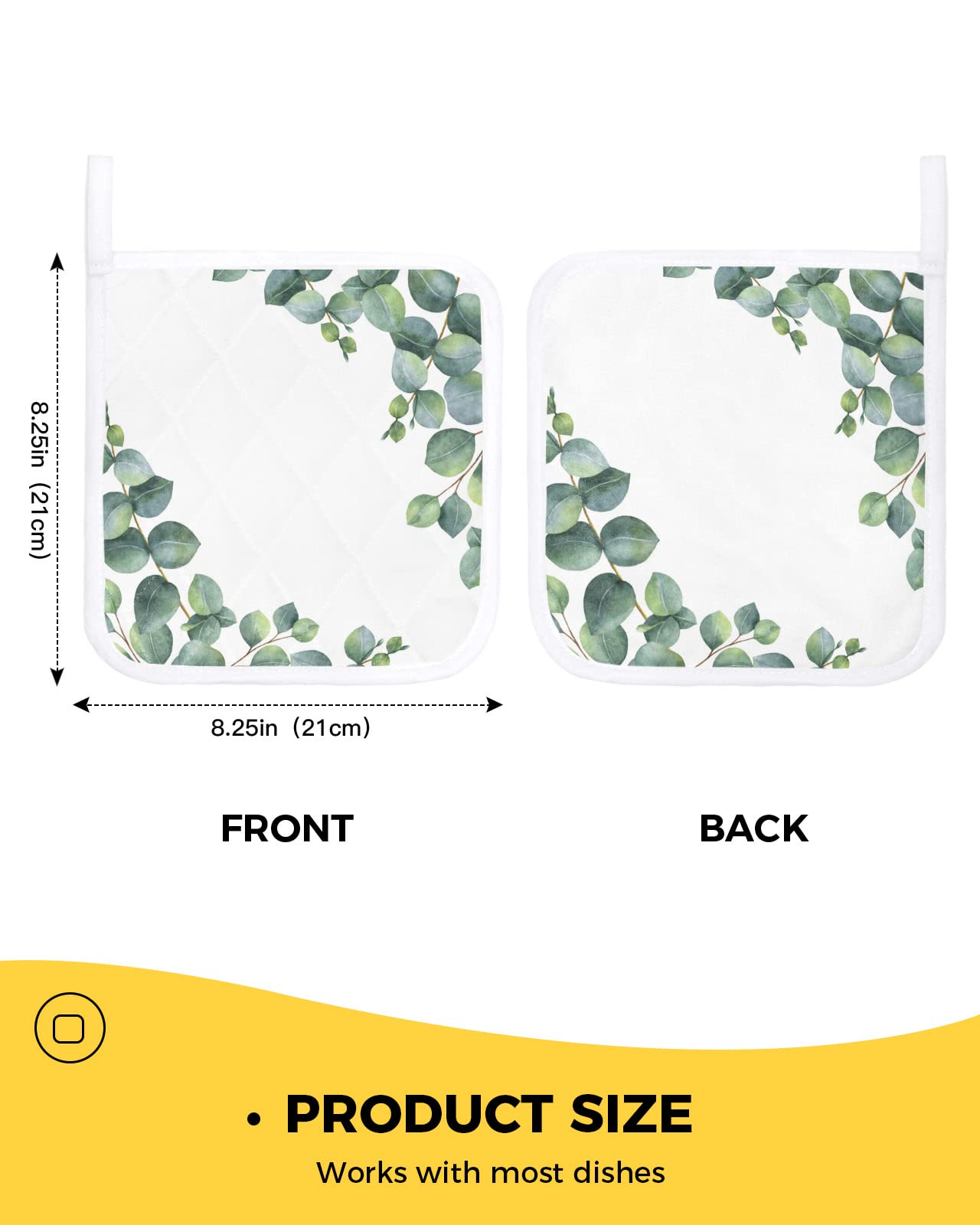 2Pack Pot Holders Cotton Heat Resistant Oven Hot Pads, Plant Potholder Machine Washable Cloth Potholders for Daily Kitchen Baking and Cooking with Hanging Loops - Green Fresh Eucalyptus Leaves