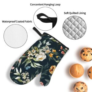 Oven Mitts and Pot Holders Sets 4 Piece, Floral Green Leaves Pattern Oven Gloves Heat Resistant Non-Slip for Kitchen Cooking Grilling Baking