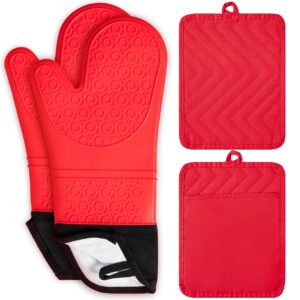 grobro7 4pcs silicone extra long oven mitt pot holder set heat resistant hot pads waterproof bbq gloves machine washable pocket potholder with hanging loop for safe kitchen baking cooking grilling red