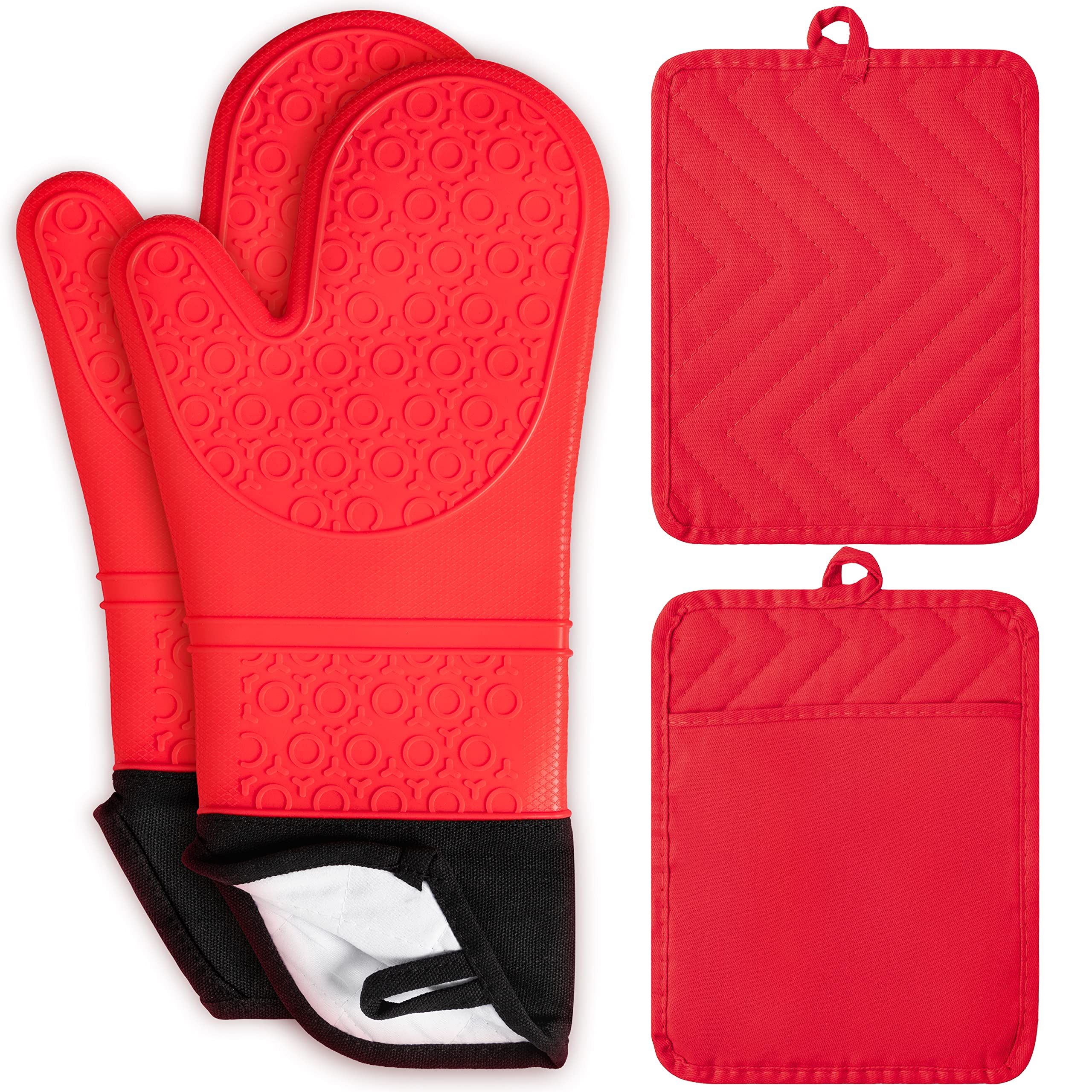 GROBRO7 4Pcs Silicone Extra Long Oven Mitt Pot Holder Set Heat Resistant Hot Pads Waterproof BBQ Gloves Machine Washable Pocket Potholder with Hanging Loop for Safe Kitchen Baking Cooking Grilling Red