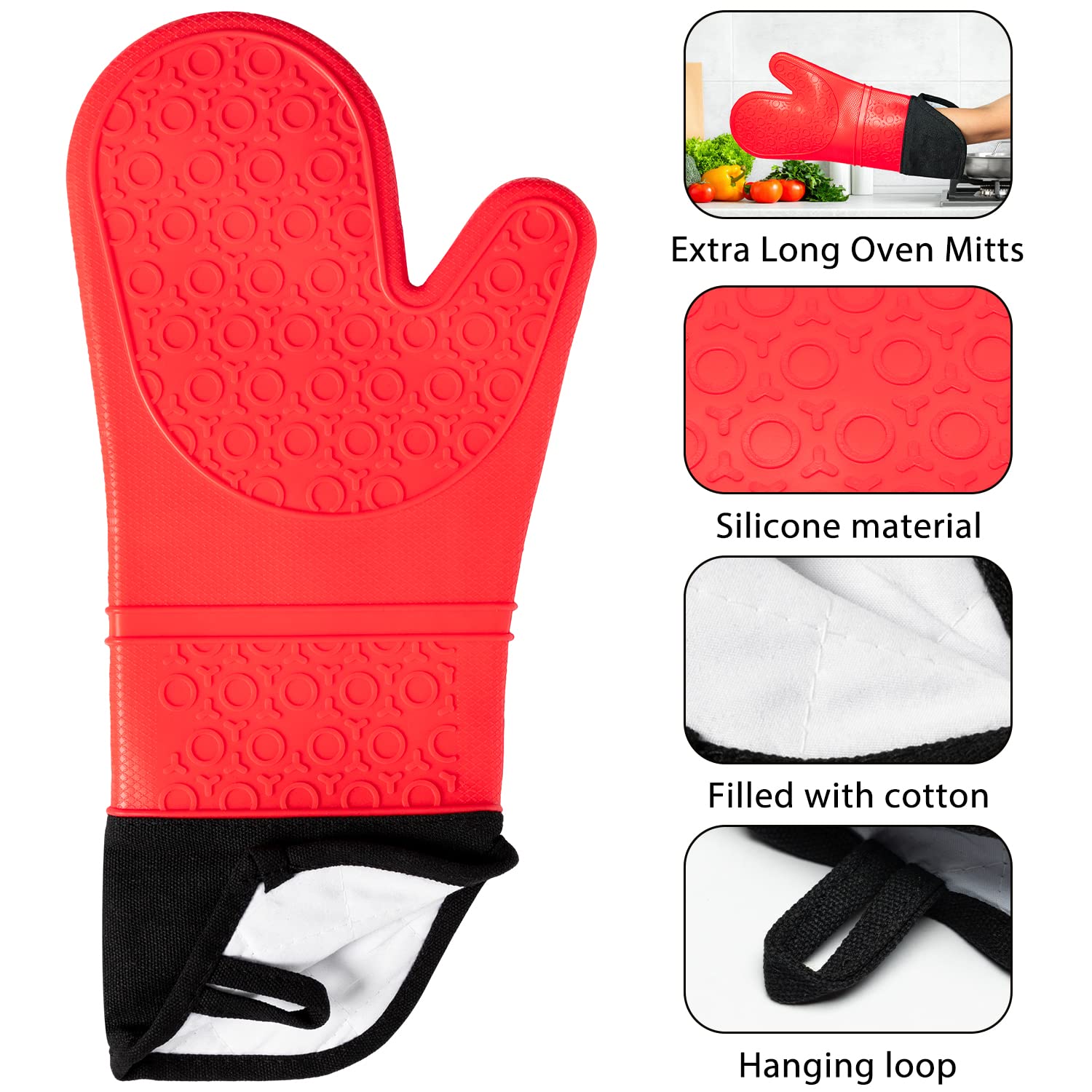 GROBRO7 4Pcs Silicone Extra Long Oven Mitt Pot Holder Set Heat Resistant Hot Pads Waterproof BBQ Gloves Machine Washable Pocket Potholder with Hanging Loop for Safe Kitchen Baking Cooking Grilling Red