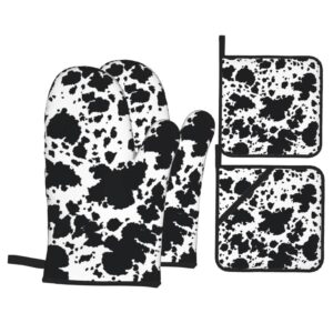 cow print oven mitts and pot holders set of 4 washable heat resistant kitchen gloves waterproof oven gloves and hot pads for cooking grilling bbq baking