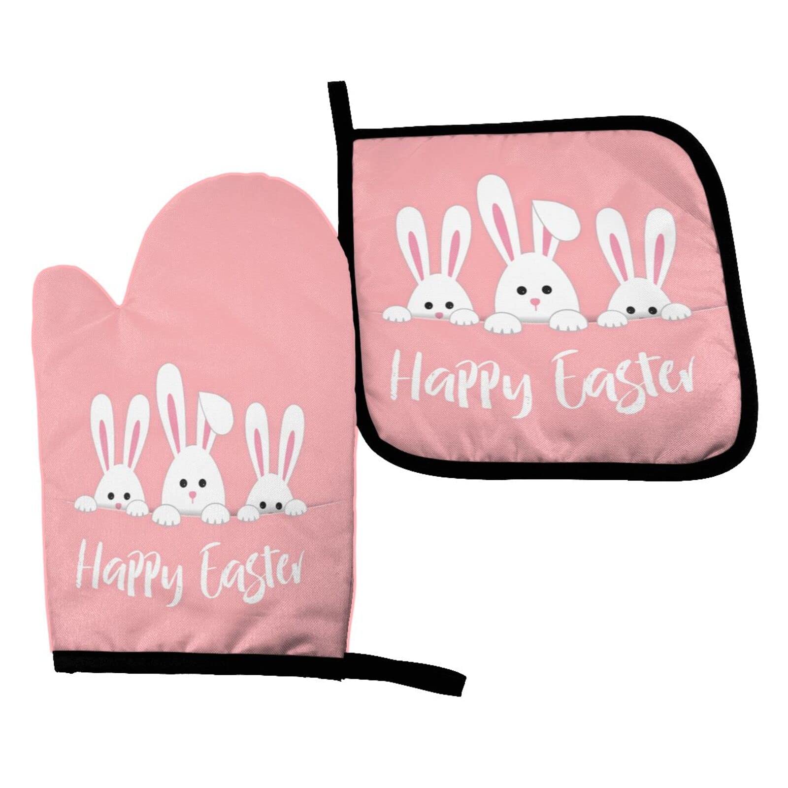 DRAYTSO Happy Easter Oven Mitts and Pot Holders Set, Spring Colorful Egg Heat Resistant Kitchen Set Oven Gloves Non-Slip Potholders for Cooking Baking Grilling Gifts Microwave Gloves Hot Pad, Black