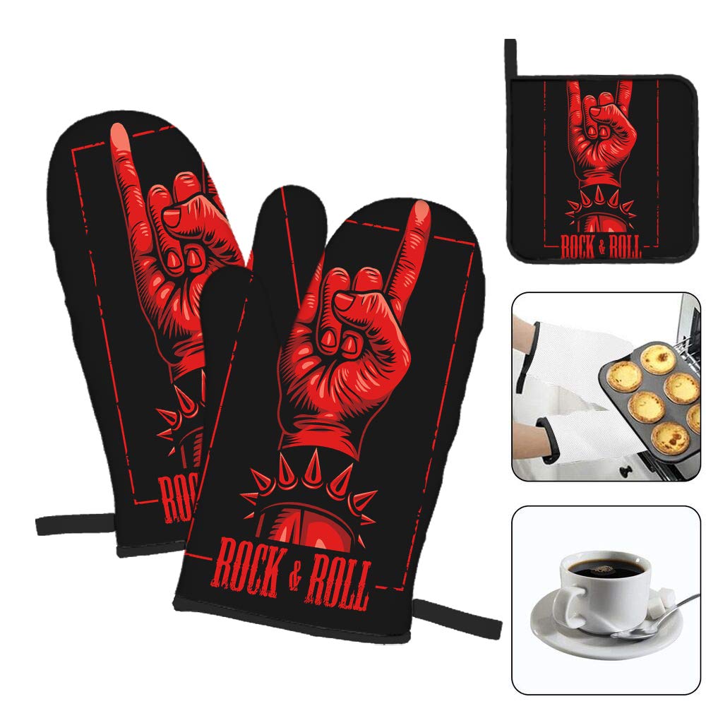 Swono Rock Oven Mitts and Pot Holders Sets,Abstract Red Hand in Rock N Roll Sign Heat Resistant 3 Pcs for Safe BBQ Cooking Baking Grilling