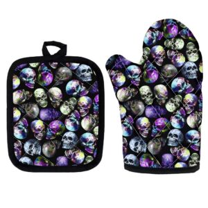 giftpuzz punk pile of skulls pot holders and oven mitts 2pcs set heat resistant kitchen set for cooking baking grilling barbecue purple black